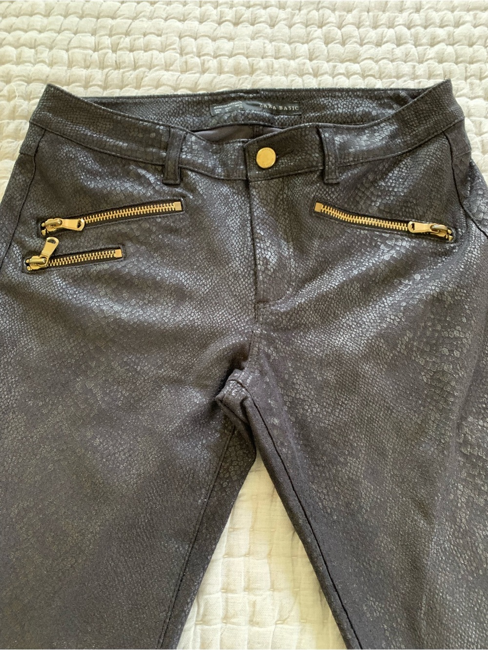 Zara Black Faux-Snakeskin Skinny Pants with Gold Zipper Details